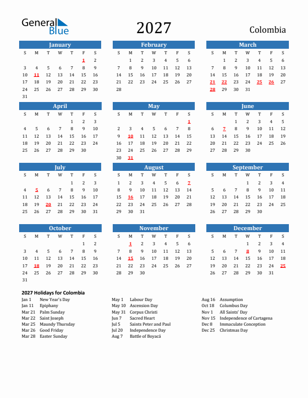 Colombia 2027 Calendar with Holidays