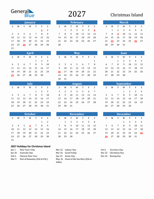 Christmas Island 2027 Calendar with Holidays