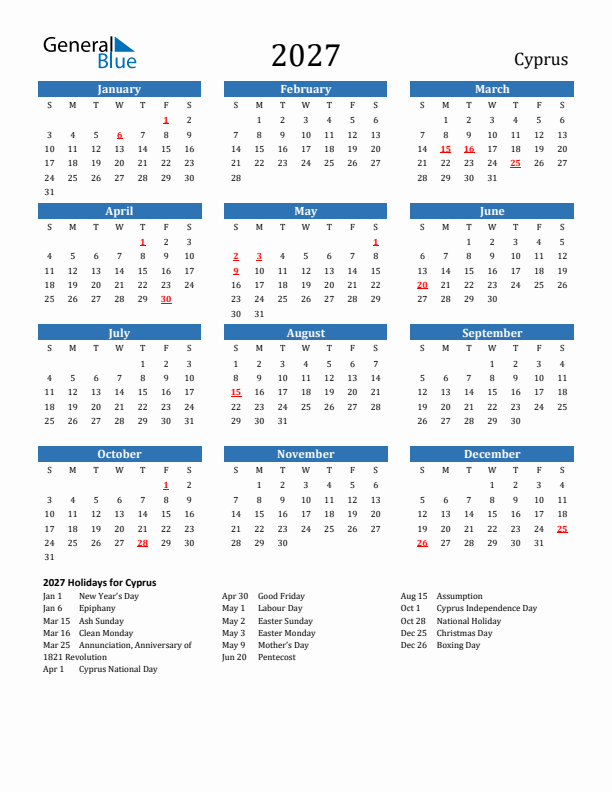Cyprus 2027 Calendar with Holidays
