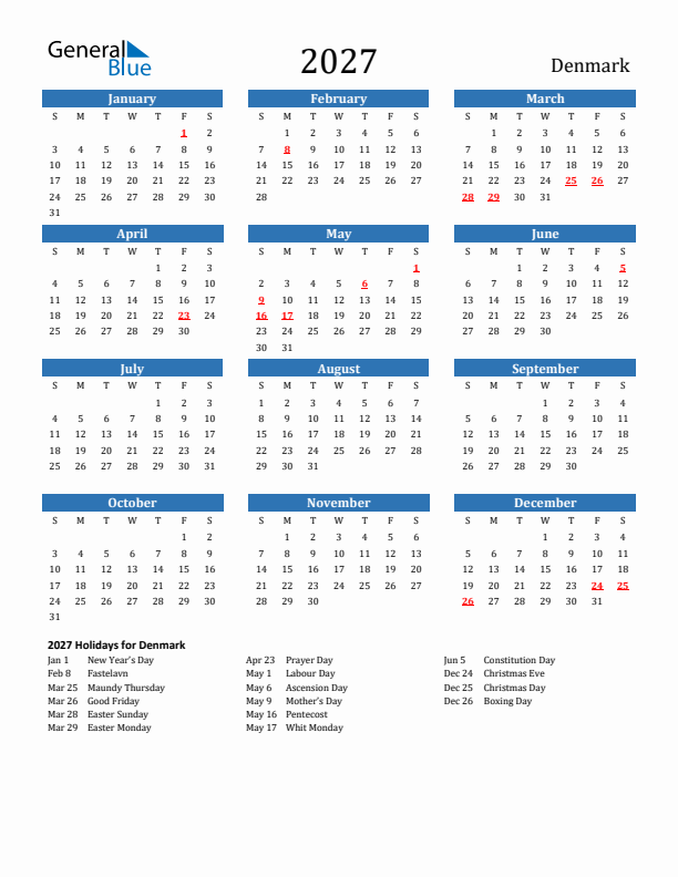 Denmark 2027 Calendar with Holidays