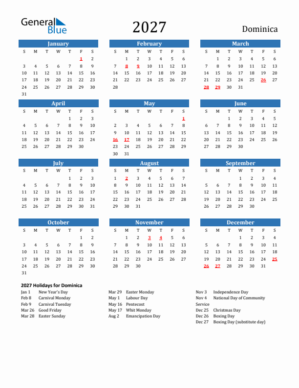 Dominica 2027 Calendar with Holidays