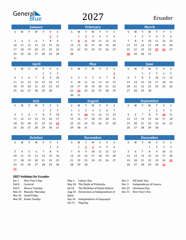 Ecuador 2027 Calendar with Holidays
