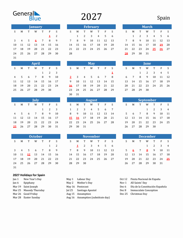 Spain 2027 Calendar with Holidays
