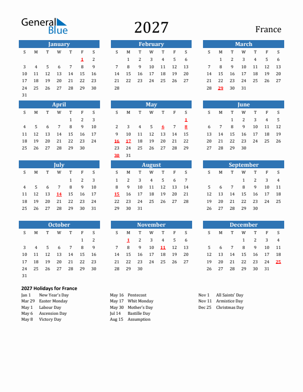 France 2027 Calendar with Holidays