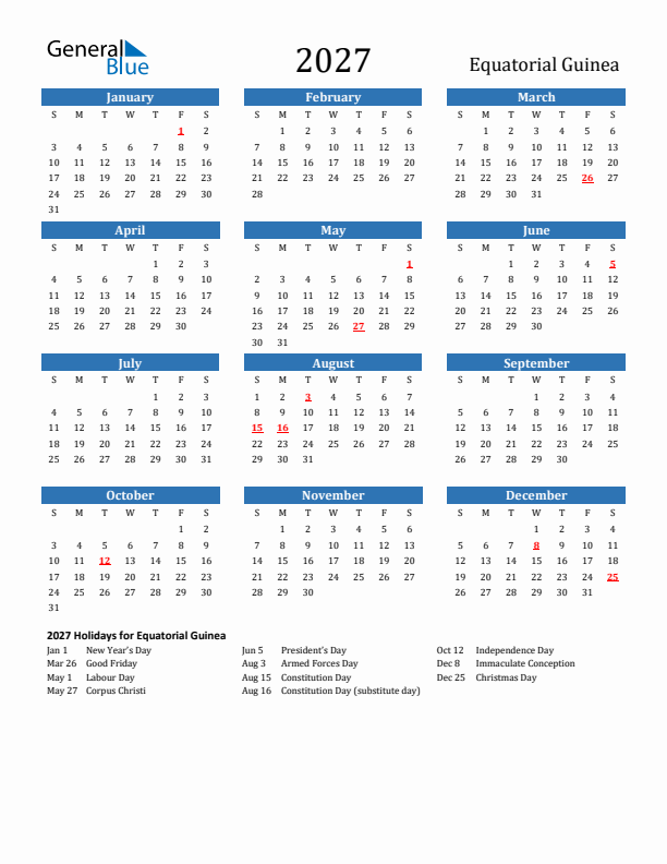 Equatorial Guinea 2027 Calendar with Holidays