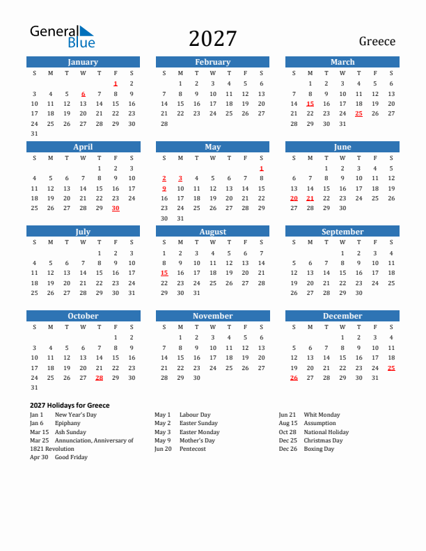 Greece 2027 Calendar with Holidays