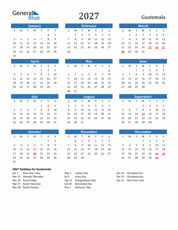 Guatemala 2027 Calendar with Holidays