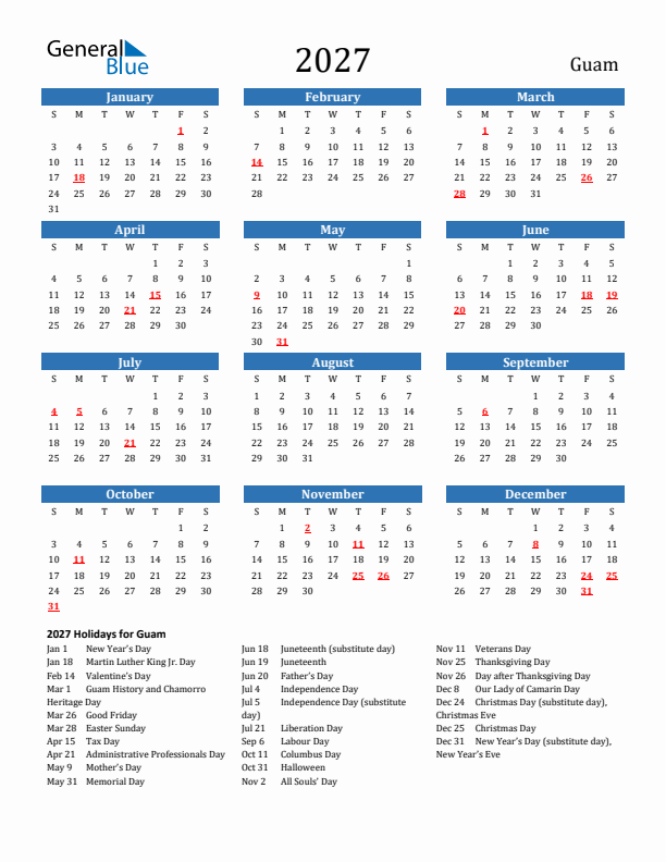 Guam 2027 Calendar with Holidays