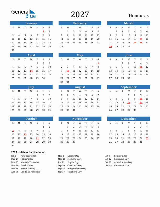 Honduras 2027 Calendar with Holidays
