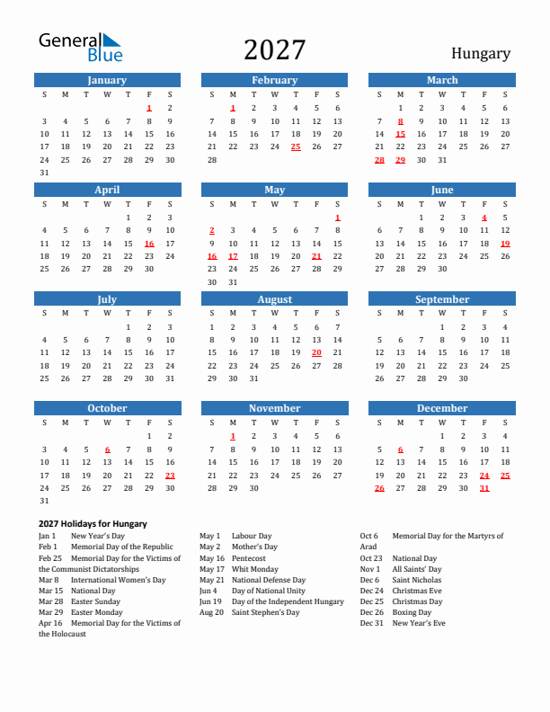 Hungary 2027 Calendar with Holidays