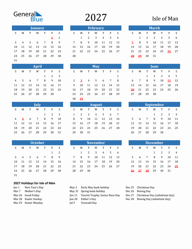 Isle of Man 2027 Calendar with Holidays