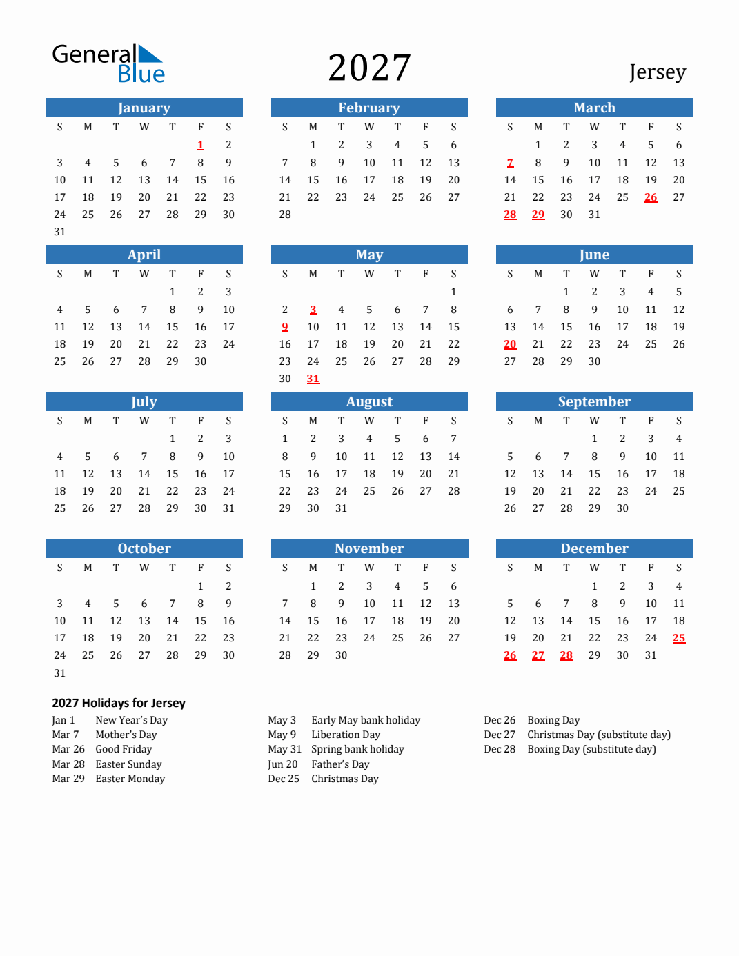 2027 Jersey Calendar with Holidays