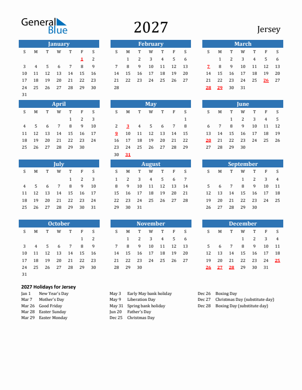 Jersey 2027 Calendar with Holidays