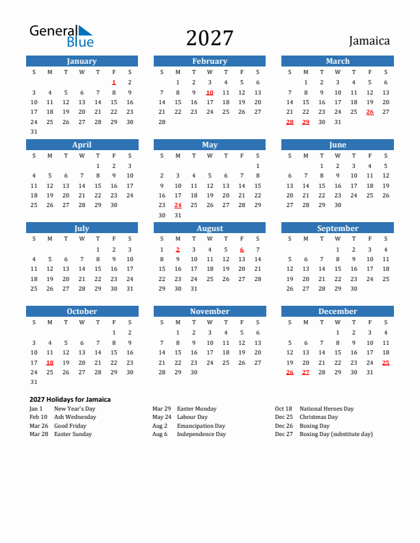 Jamaica 2027 Calendar with Holidays