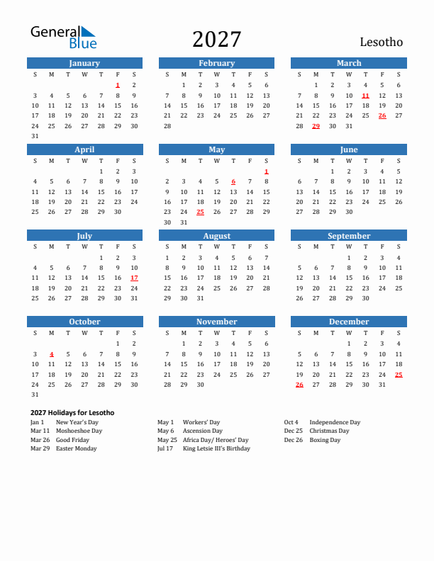 Lesotho 2027 Calendar with Holidays