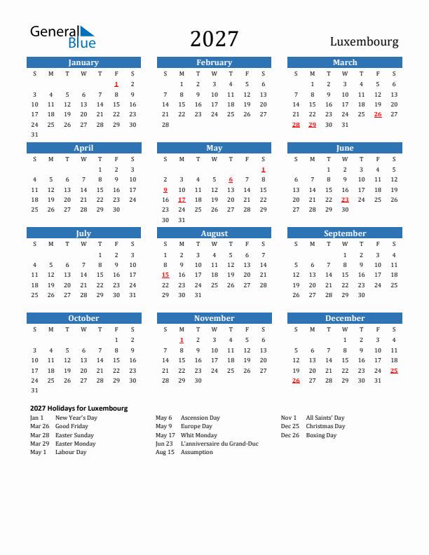 Luxembourg 2027 Calendar with Holidays