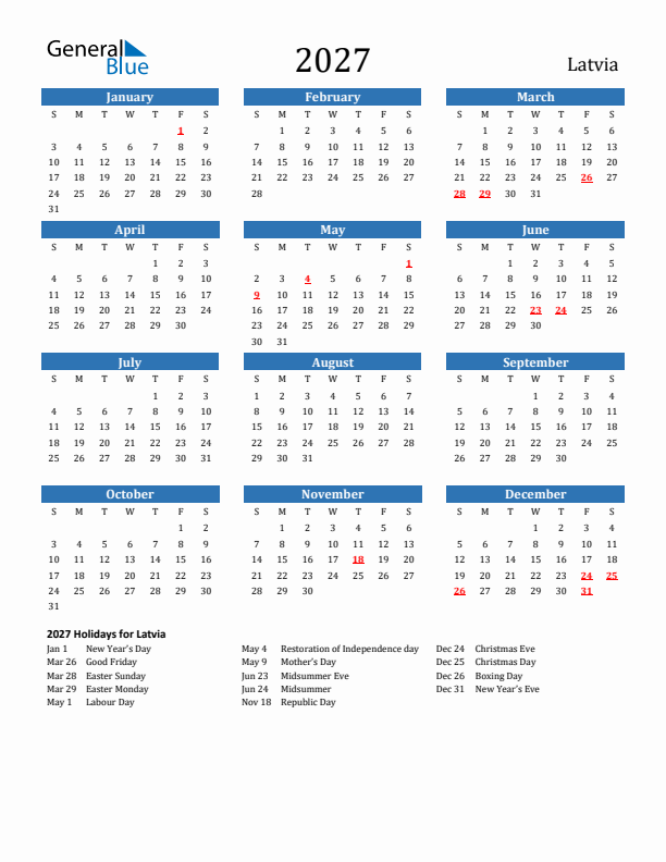 Latvia 2027 Calendar with Holidays