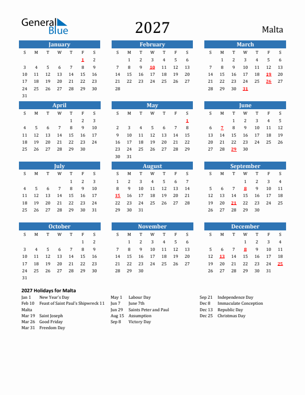 Malta 2027 Calendar with Holidays