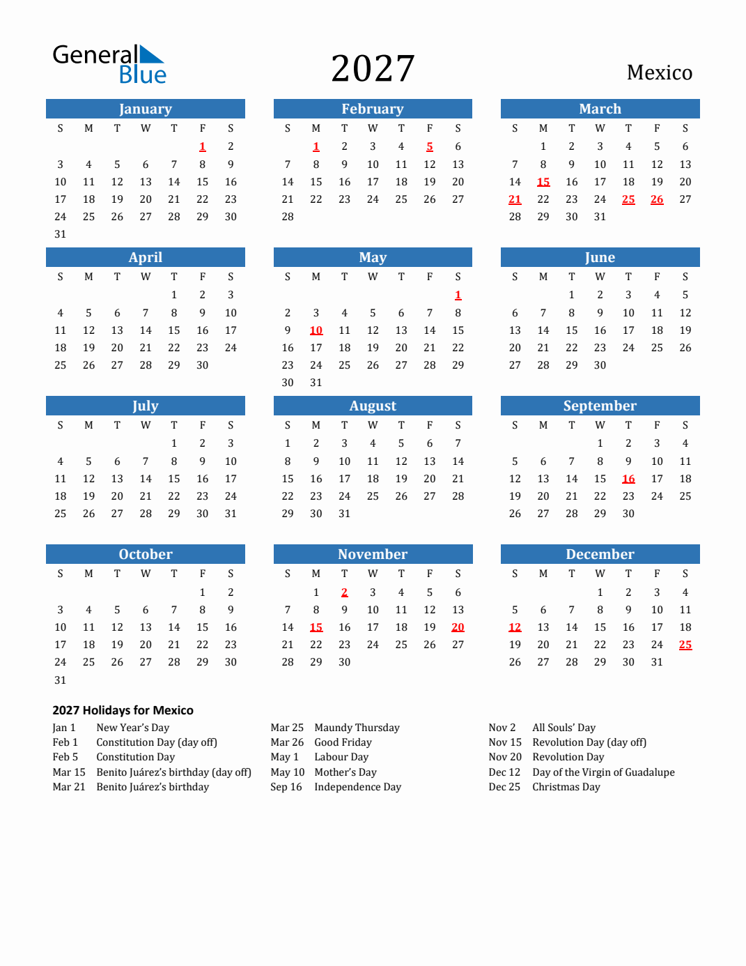 2027 Mexico Calendar with Holidays