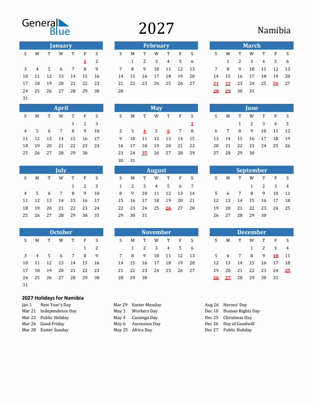 Namibia 2027 Calendar with Holidays