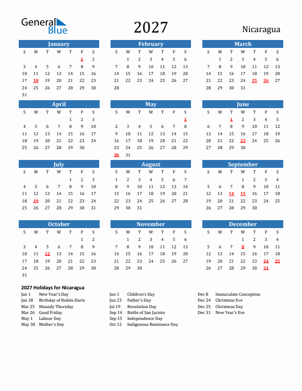 Nicaragua 2027 Calendar with Holidays