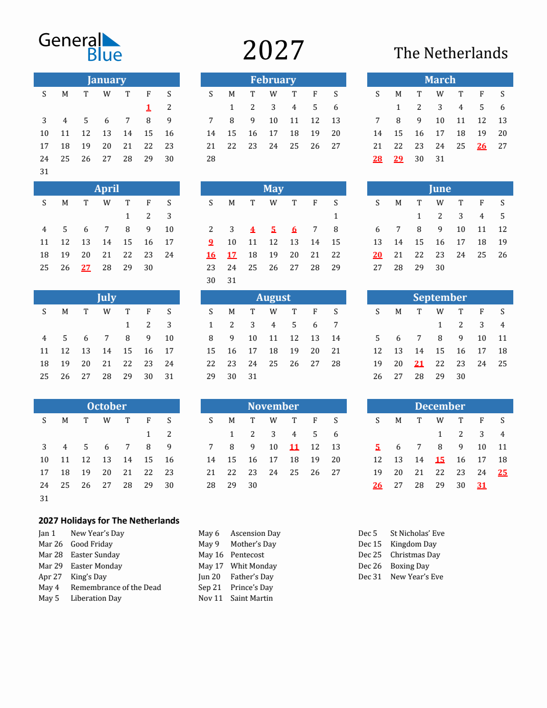 2027 The Netherlands Calendar with Holidays