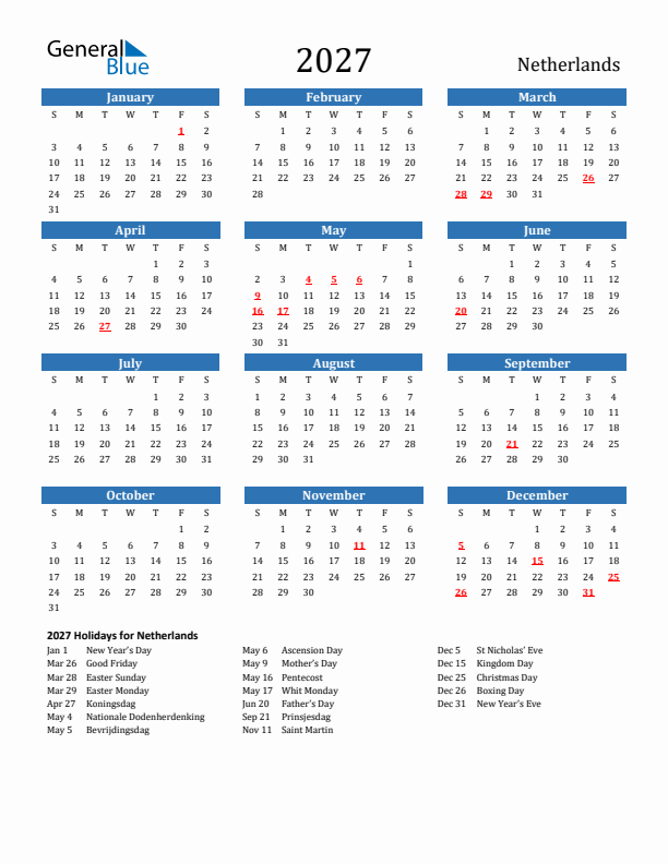 The Netherlands 2027 Calendar with Holidays