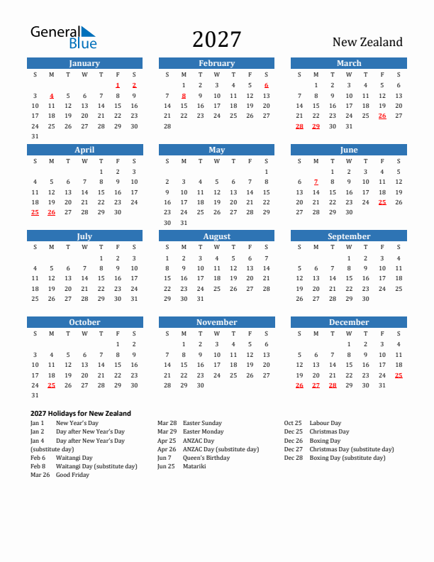 New Zealand 2027 Calendar with Holidays