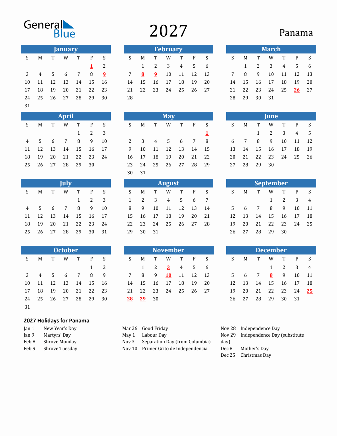 2027 Panama Calendar with Holidays