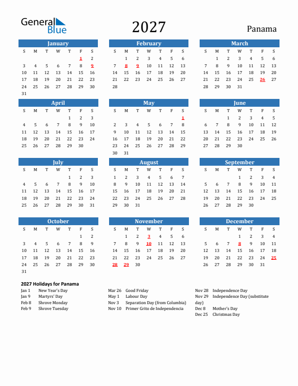 Panama 2027 Calendar with Holidays