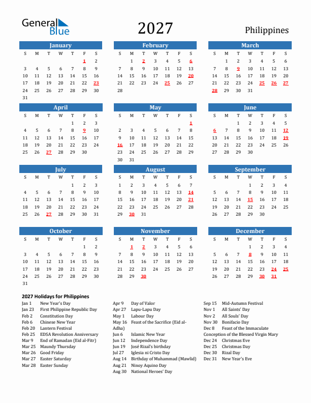 Philippines 2027 Calendar with Holidays