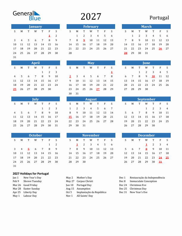 Portugal 2027 Calendar with Holidays