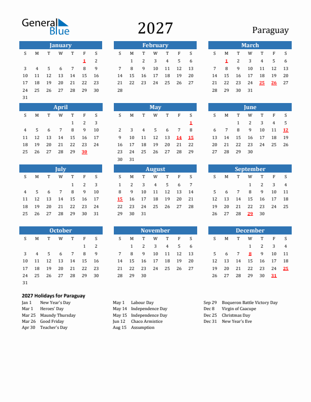 Paraguay 2027 Calendar with Holidays