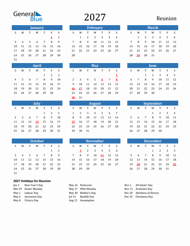 Reunion 2027 Calendar with Holidays