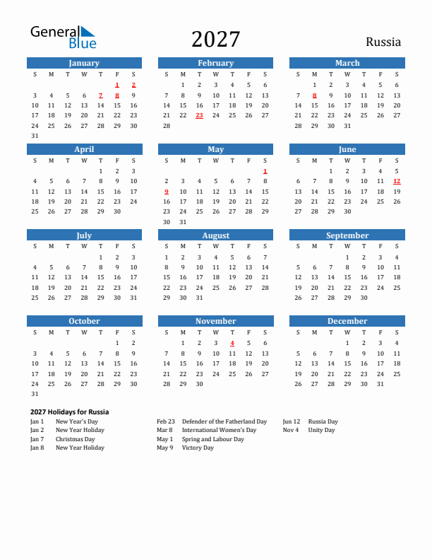Russia 2027 Calendar with Holidays