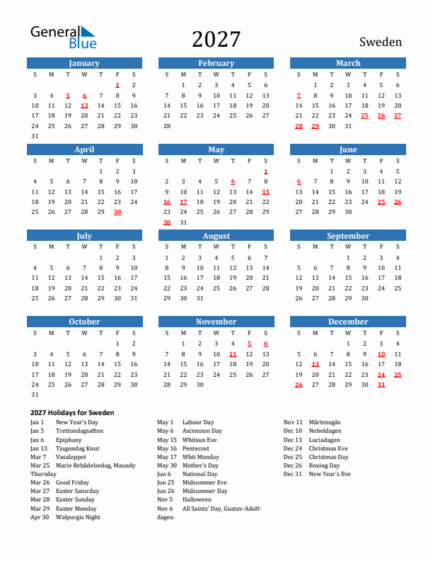 Sweden 2027 Calendar with Holidays
