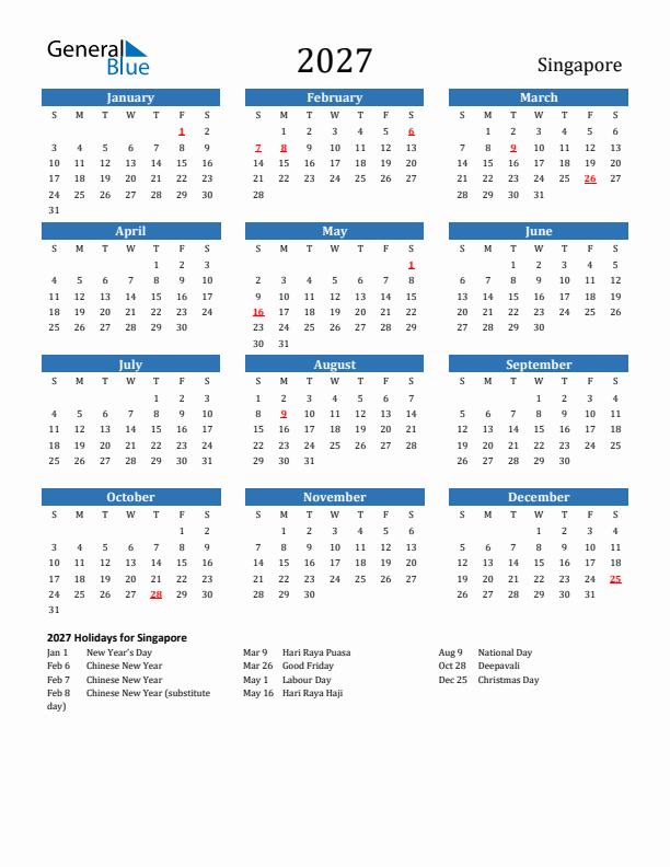 Singapore 2027 Calendar with Holidays
