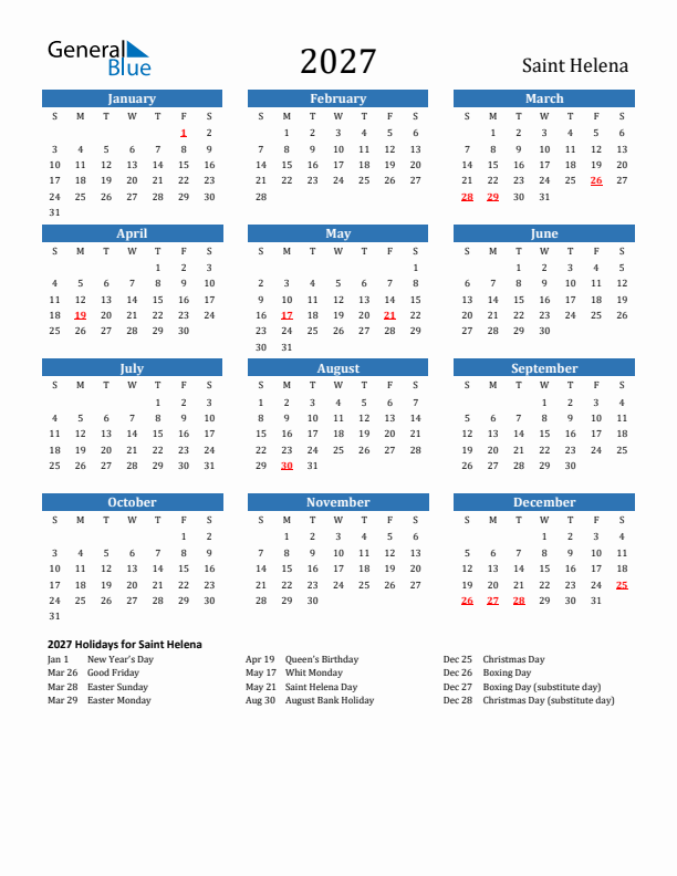 Saint Helena 2027 Calendar with Holidays