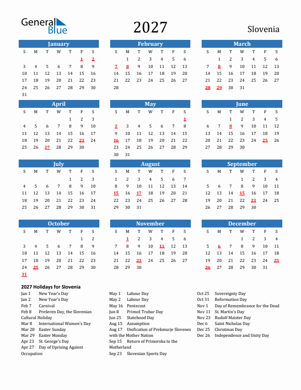 Slovenia 2027 Calendar with Holidays