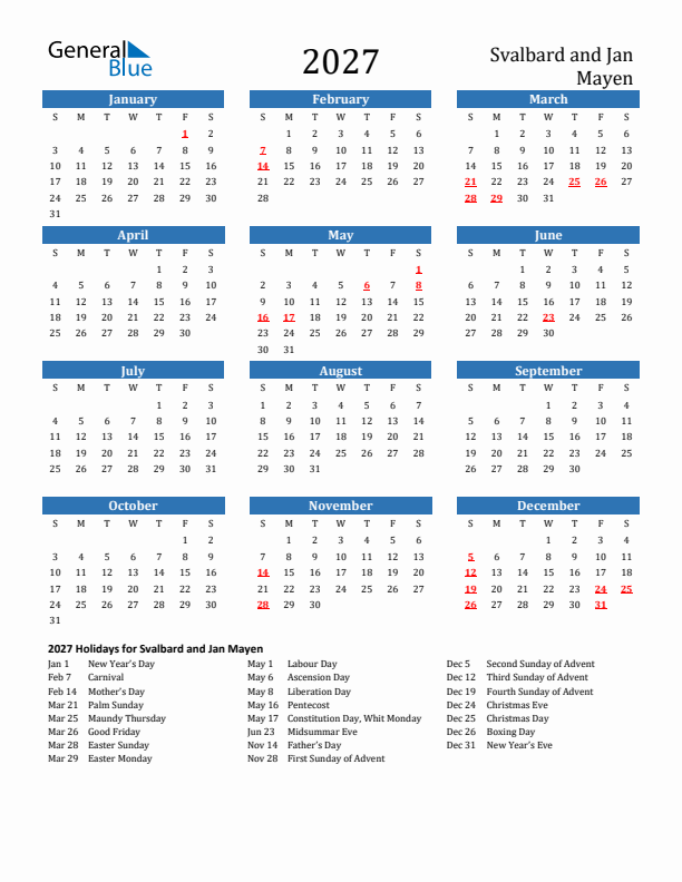 Svalbard and Jan Mayen 2027 Calendar with Holidays