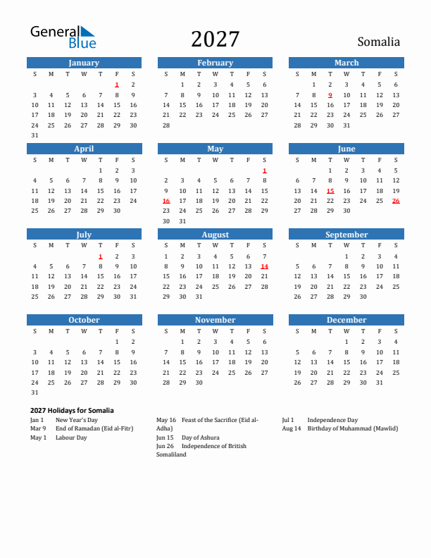 Somalia 2027 Calendar with Holidays