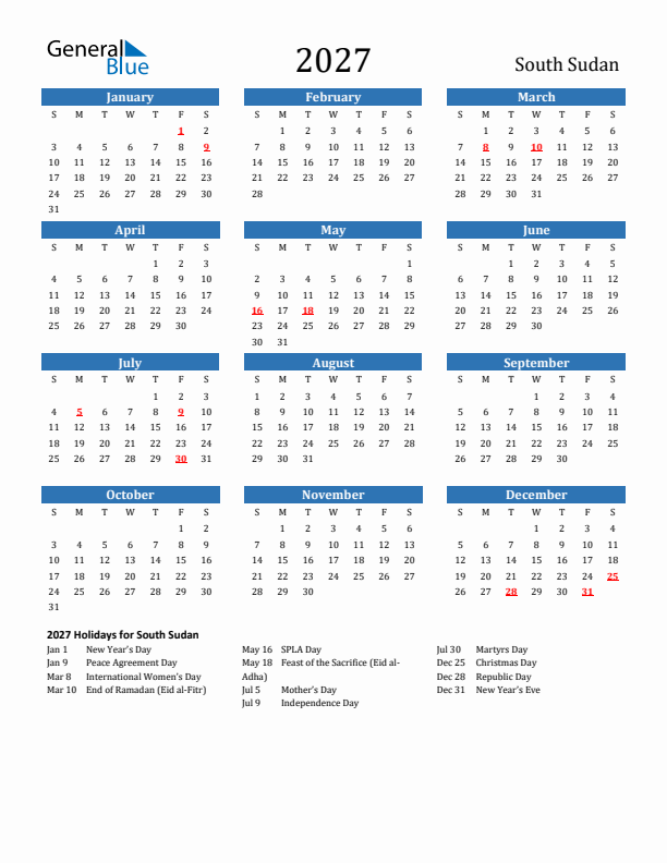South Sudan 2027 Calendar with Holidays