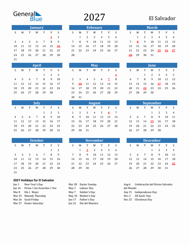 El Salvador 2027 Calendar with Holidays