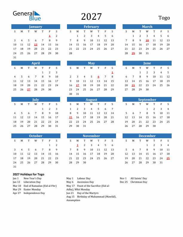 Togo 2027 Calendar with Holidays