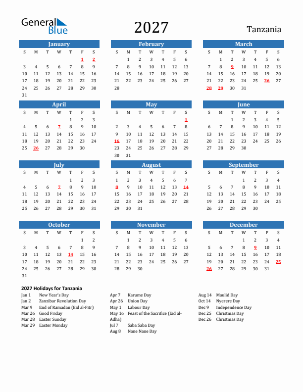 Tanzania 2027 Calendar with Holidays