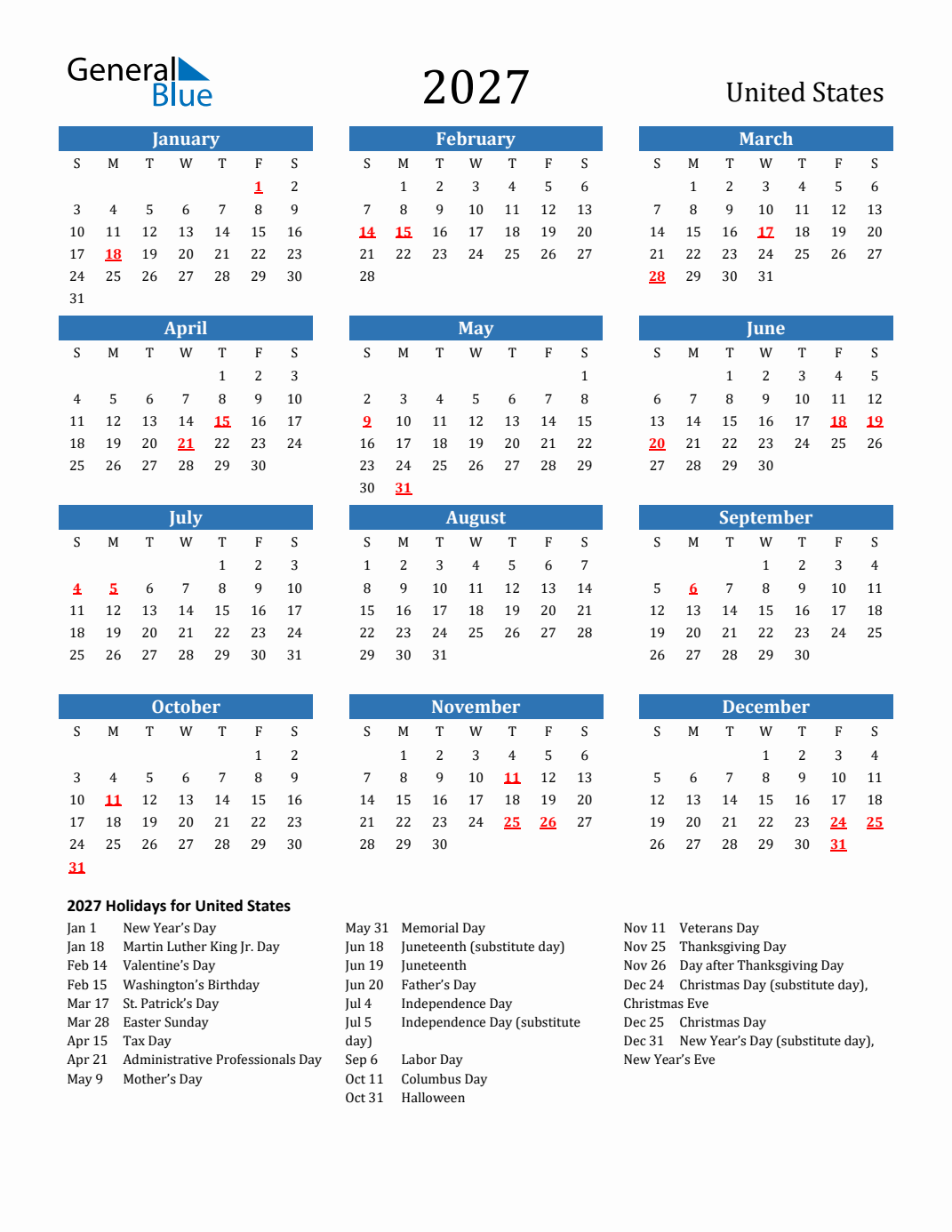 2027 Calendar With Holidays Printable
