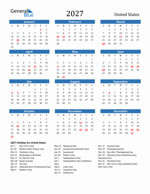 United States 2027 Calendar with Holidays