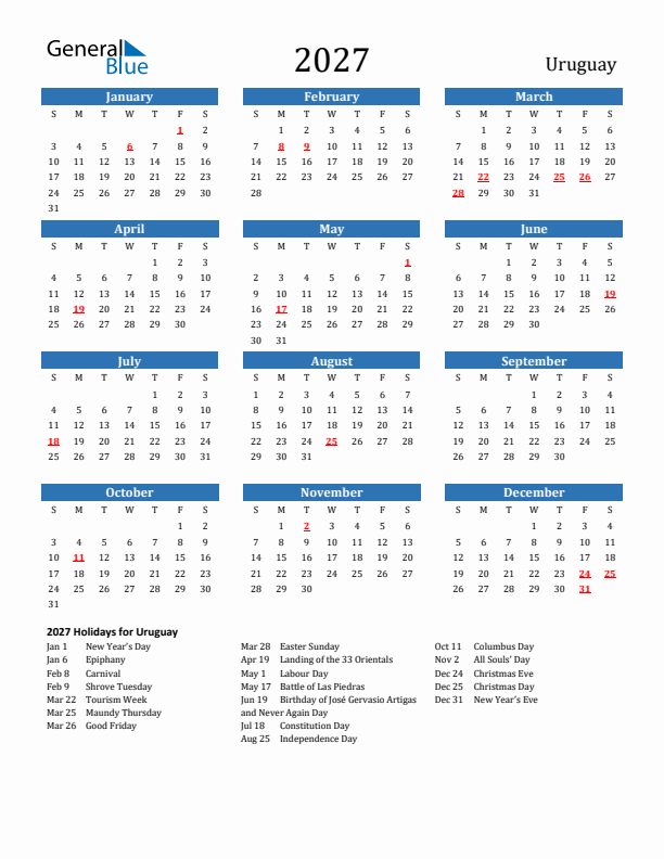 Uruguay 2027 Calendar with Holidays