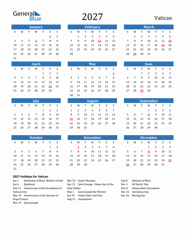 Vatican 2027 Calendar with Holidays