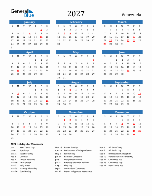 Venezuela 2027 Calendar with Holidays